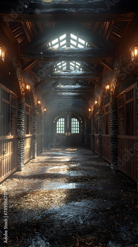 Deserted Stalls of a Noble Estate's Stable,Echoes of Hooves and Scent of Hay Linger in the Abandoned,Decaying Interior