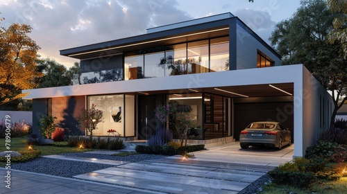 3d modern house concept with car parked outside, in the style of thÃ©odore chassÃ©riau, strong lines, orthogonal, dark white and indigo, eye-catching, charly amani, subtle chromatism  photo