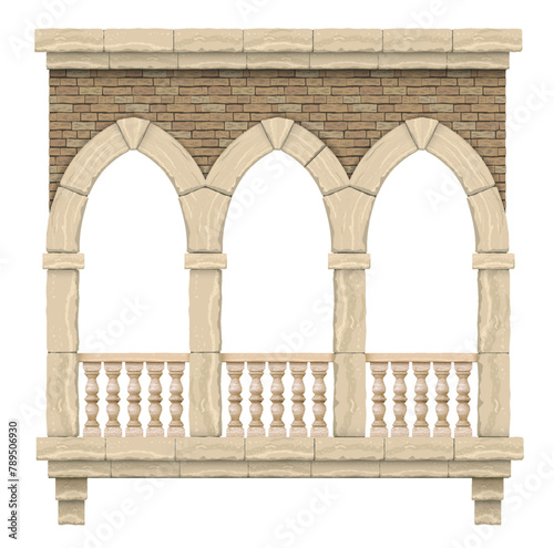 Gothic colonnade balcony facade with stone arches