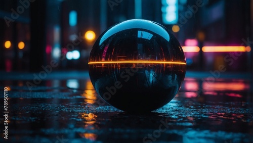 Modern futuristic neon abstract background. Spherical object in the center, urban landscape background. Dark scene with neon light. Reflection of light on a wet surface.