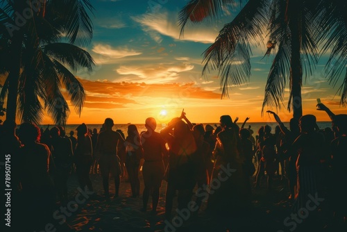 Silhouettes sway in a vibrant sunset at a tropical beach dance party  epitomizing summer joy.