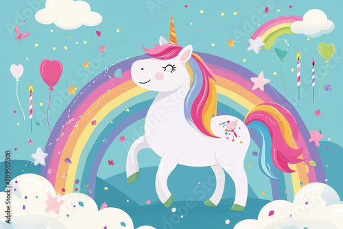 Colorful Unicorn and Rainbow Birthday Illustration © spyrakot