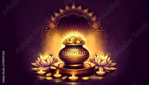 Watercolor illustration for akshaya tritiya with a pot with gold coins and decoration. © Milano