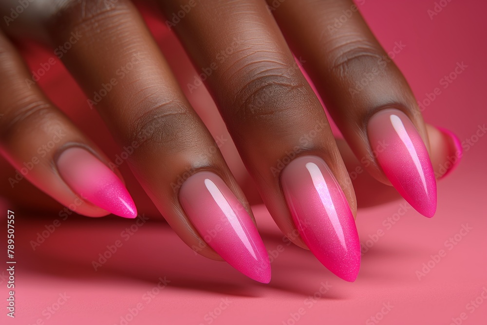 Delicate pink stiletto nails with a glossy finish, emanating feminine charm and subtle elegance - obrazy, fototapety, plakaty 