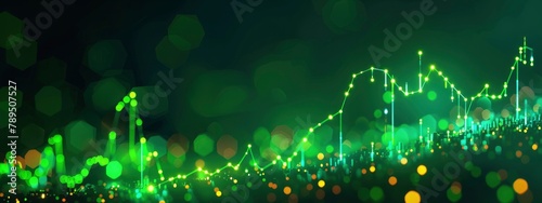 using bitcoin. A growing candle stick graph on a neon green background showing the rising trend of bitcoin trade