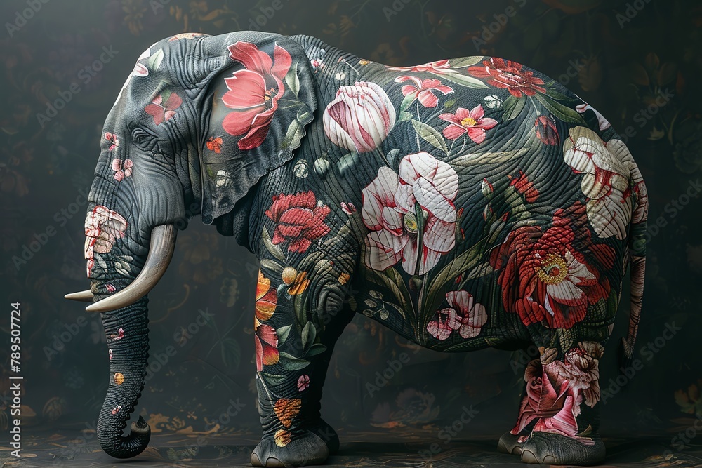 Obraz premium A collage of an elephant with a floral pattern painted on its skin.