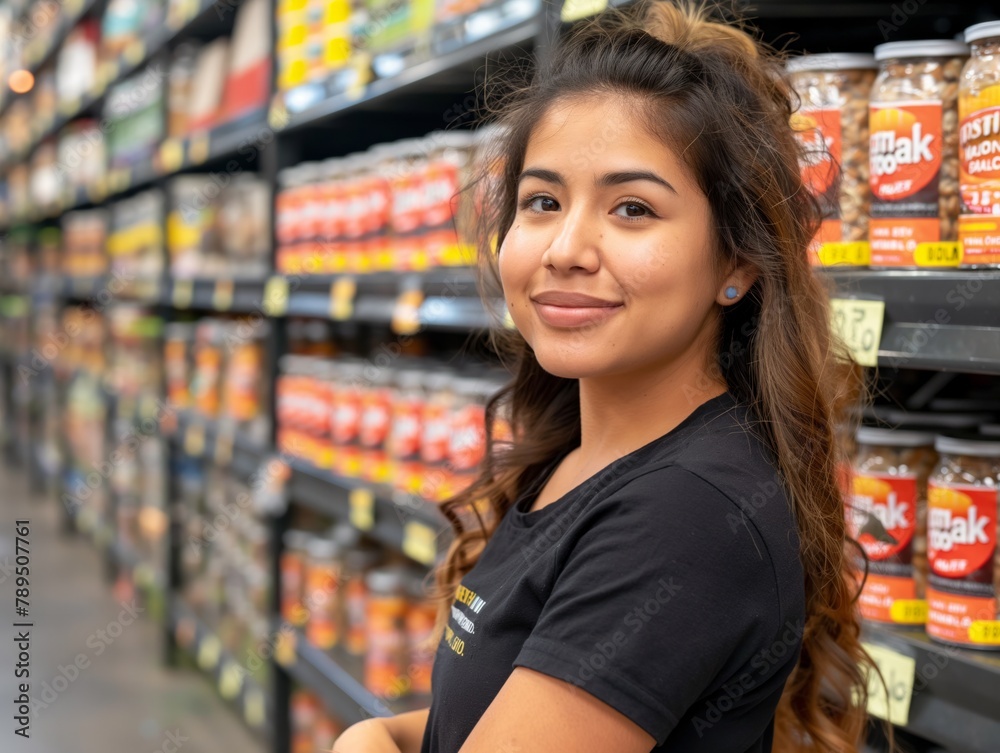 A woman stands in front of a shelf of canned goods. She is smiling and she is happy