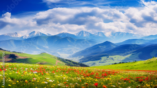 Beautiful alpine meadows with wildflowers. photo