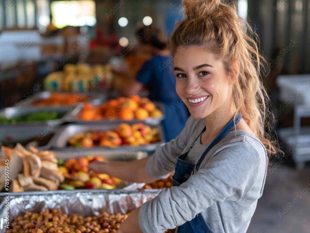 A woman is smiling and standing in front of a table full of fruits and vegetables. She is wearing a blue apron and she is working in a market A woman is smiling and standing in front of a table full of fruits and vegetables. She is wearing a blue apron and she is working in a market
