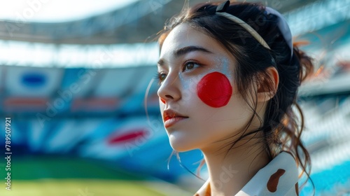 beautiful woman with face painted with the flag of Japan © Marco