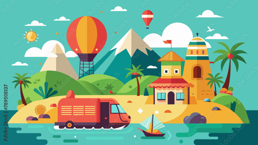 Colorful Landscape with Delivery Van, Hot Air Balloons, and Lighthouse