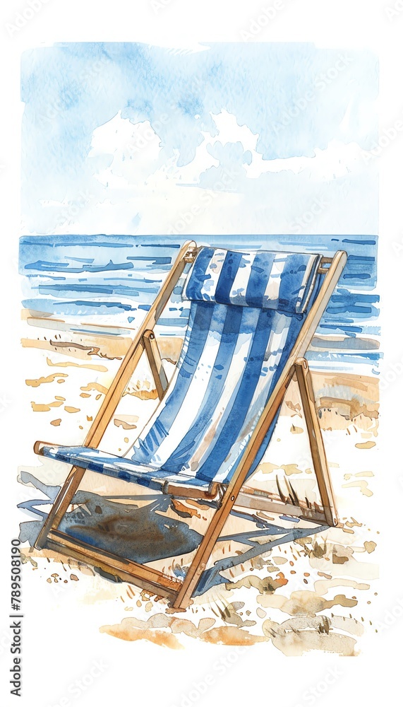 Beach chair , A striped beach chair facing the sea, light blue peaceful horizon