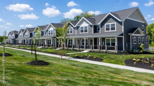 real estate photograph of a row of town homes in the north eastern united states, straight on photo of building, simple sky 35mm lens,