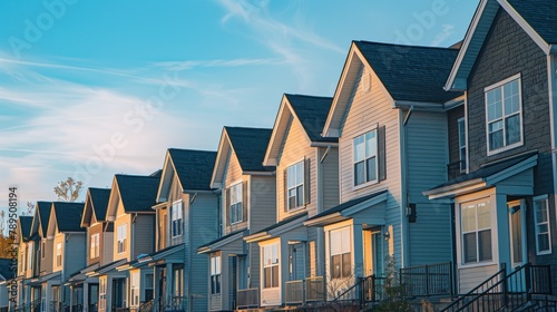 real estate photograph of a row of town homes in the north eastern united states, straight on photo of building, simple sky 35mm lens,