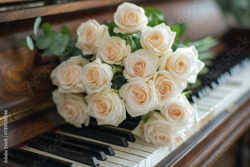 White roses gently decorate the piano keys  creating an atmosphere of romance and inspiration. They are like music frozen in flowers