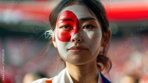 beautiful woman with face painted with the flag of Japan. concept olympic games, sporting event