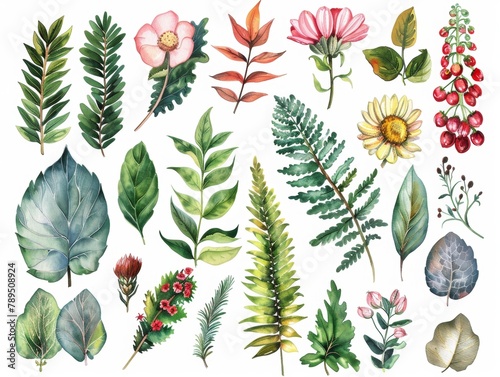 A collection of various types of leaves and flowers, including a daisy, a cherry blossom, and a fern