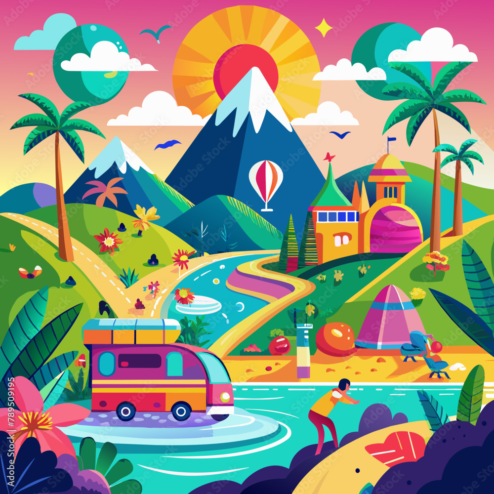 Vibrant Cartoon Landscape with Mountains, Palm Trees, and Adventure Activities