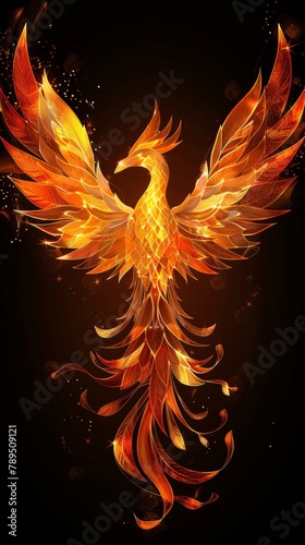A phoenix with a fiery tail. The bird is surrounded by a lot of gold and red colors