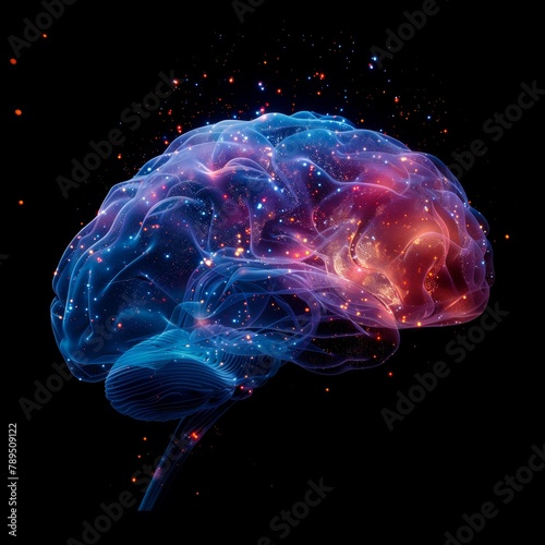 A brain with a galaxy of stars surrounding it. The brain is blue and red. The stars are scattered around the brain, some are closer to the center and others are farther away