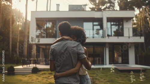 view from the back of couple of the man is Caucasian and the woman is african-American are standing in front of their new modern house, high key photo captured with a Sony 