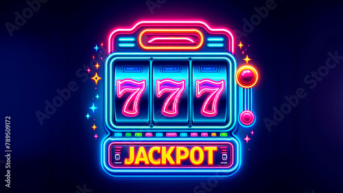 Neon gaming slot machine 777. Design lettering Jackpot.
