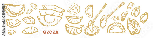 Gyoza and dumplings. Hand drawn isolated vector set. Food menu design template. jiaozi. Chinese, Japanese, Ukrania,  Russian and Korean dumplings.