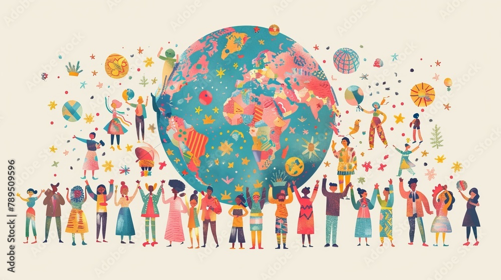 People holding the planet earth illustration, multi cultural diversity ...