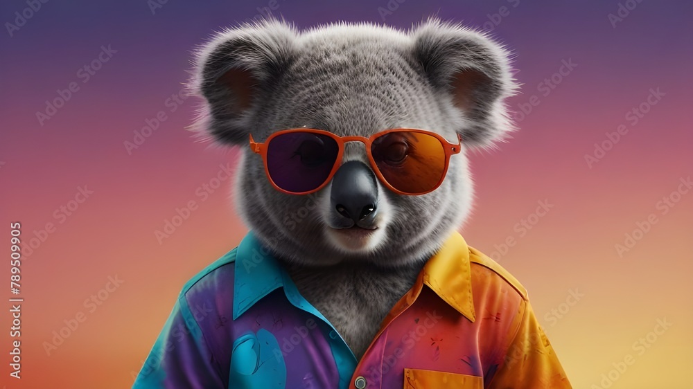 Illustration of a cute gray fluffy koala wearing sunglasses and a colorful shirt on a light gradient background. Generative AI