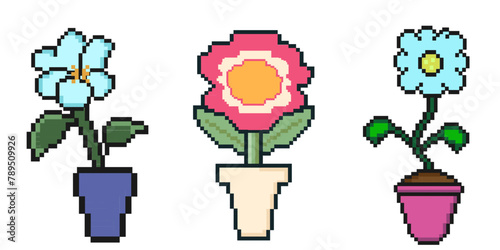 Set of summer Pixel art flowers. Vintage 90s gaming 8 bit icon of  chamomile, clover, daisy. 8 bit sprite. Game development, mobile app. Isolated vector illustration.