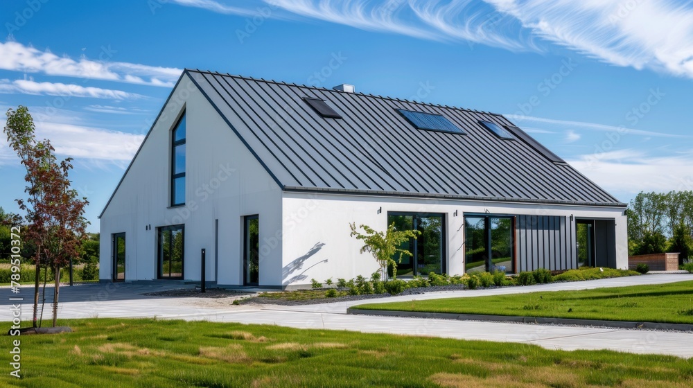 wide-angle long shot. new modern house. gabled roof. few windows. minimalistic style. modern. Parking space , garage, carport wide-angle long shot. new modern house. gabled roof. few windows. minimalistic style. modern. Parking space , garage, carport