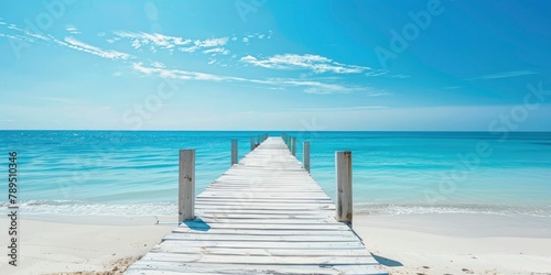 A white sand beach with a blue sky has a wooden pier that leads to the ocean.