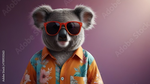 Illustration of a cute gray fluffy koala wearing sunglasses and a colorful shirt on a light gradient background. Generative AI © Carlos