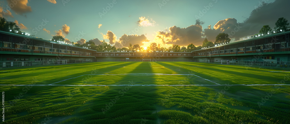 Football ball on grass field under blue sky, football field, soccer sport stadium Football ball on grass field under blue sky, football field, soccer sport stadium