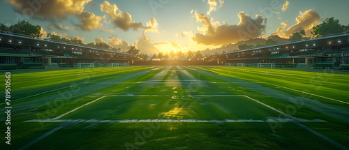 Football ball on grass field under blue sky, football field, soccer sport stadium © SJarkCube