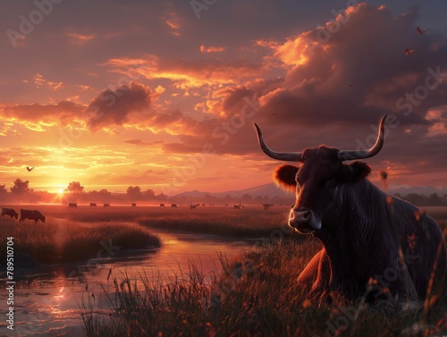 A cow is laying in a field with a sunset in the background. The cow is surrounded by other cows, and the sky is filled with clouds