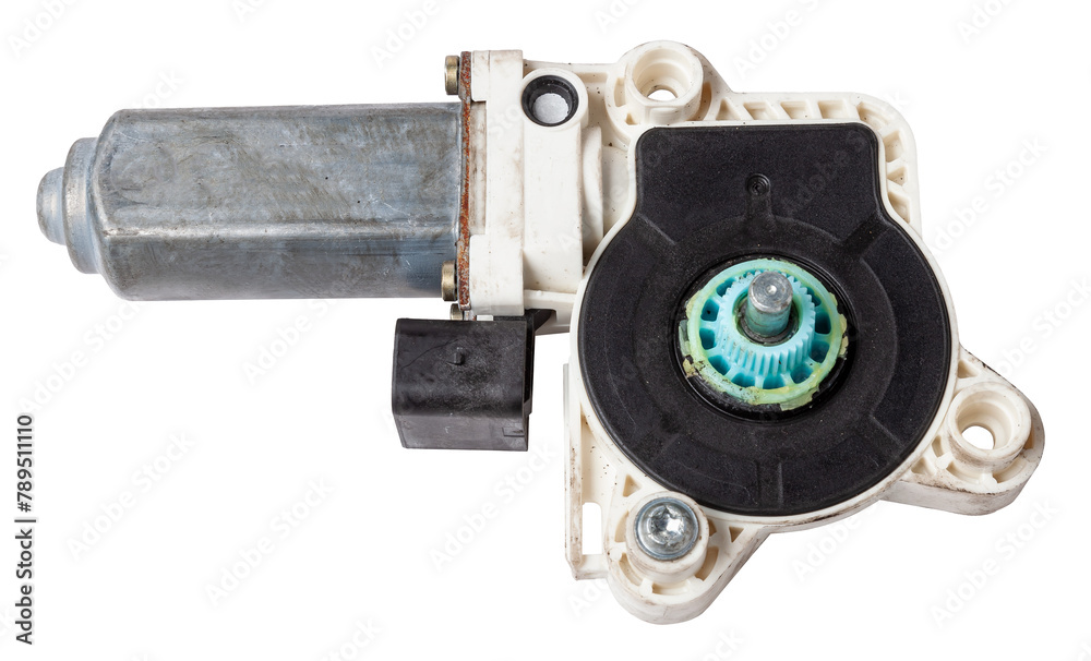 Electric window mechanism motor for a car on a white isolated background. Automotive spare parts catalog. Electric window mechanism motor for a car on a white isolated background. Automotive spare parts catalog.
