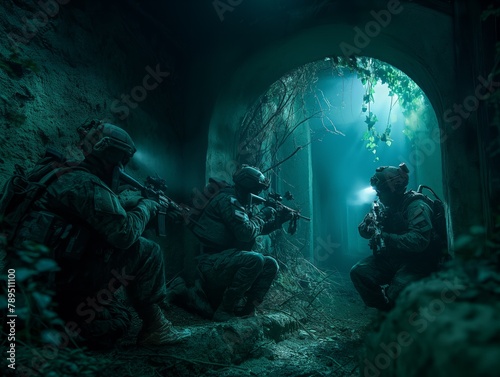 Three soldiers are sitting in a dark cave with a light shining on them. Scene is tense and mysterious