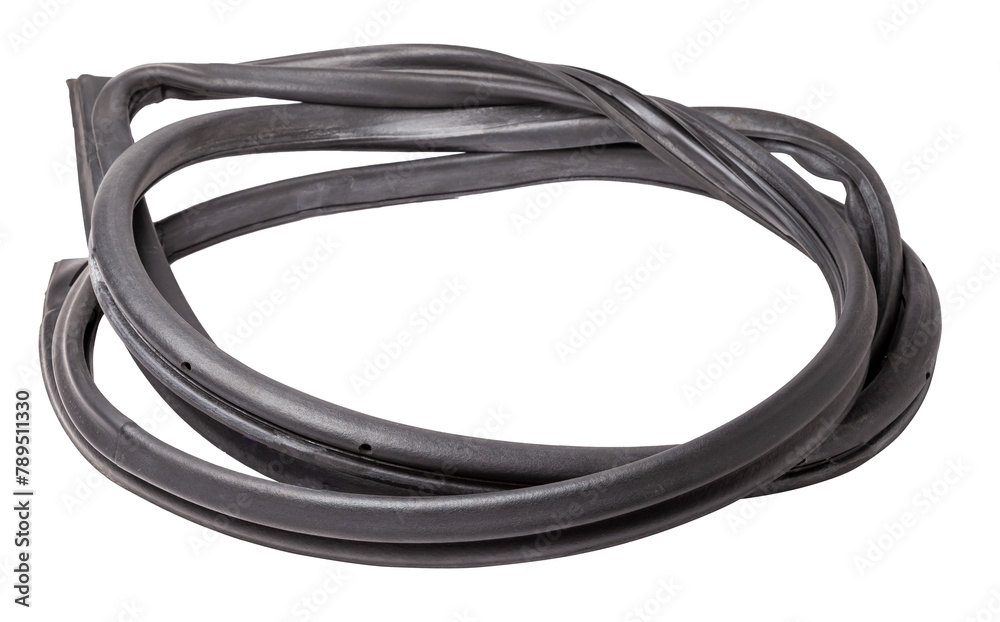 Rolled up black rubber sealant for elements of the car body, doors or trunk, for noise insulation, thermal and sound, preventing heat loss in the car interior. Sealing gasket for repair in a workshop. Rolled up black rubber sealant for elements of the car body, doors or trunk, for noise insulation, thermal and sound, preventing heat loss in the car interior. Sealing gasket for repair in a workshop.