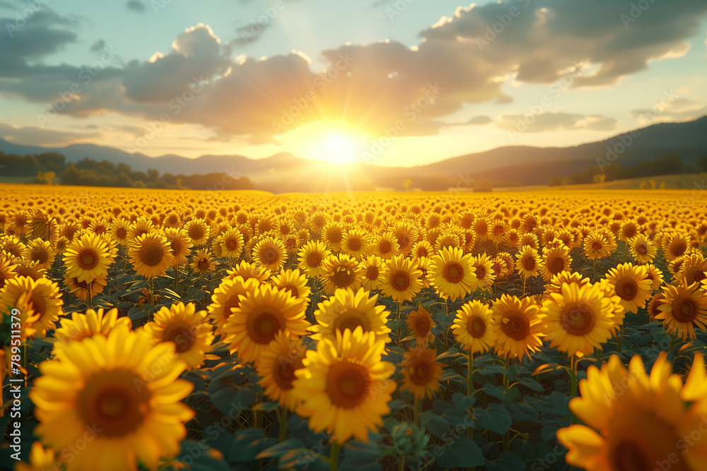 Breathtaking Sunset with Sunflower Field.