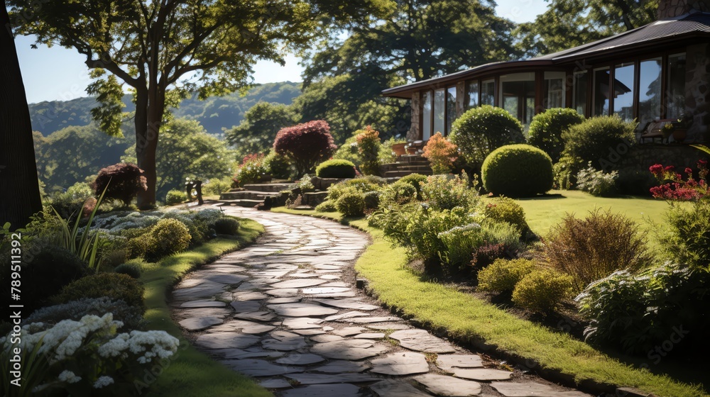 Pristine grass border along a curving garden path, leading the eye through a lush green landscape