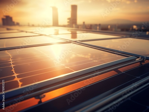 A close up of solar panels with an urban skyline in the background at sunset.