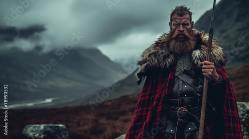 Rugged highlander stands in a majestic Scottish landscape, his traditional attire and spear invoking a sense of ancient heritage and strength.