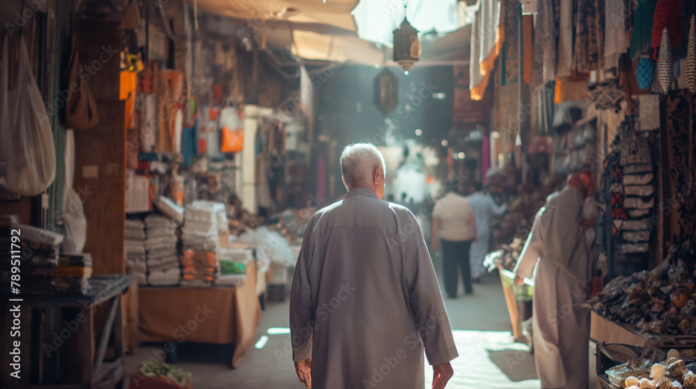 Elderly man wanders through a traditional market, flanked by diverse stalls and the warm glow of a sunlit street.