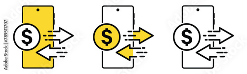 mobile phone payment icon set. smartphone and dollar sign. digital banking and mobile money transfer symbols for app and website. Transparent vector.