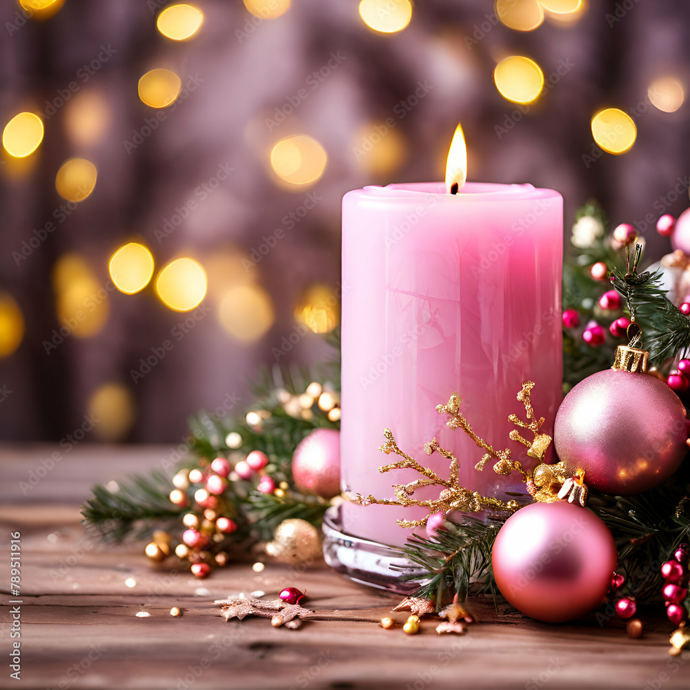 christmas candle and decorations pink bannar of light candale ornaments  branchis on snowy light pink