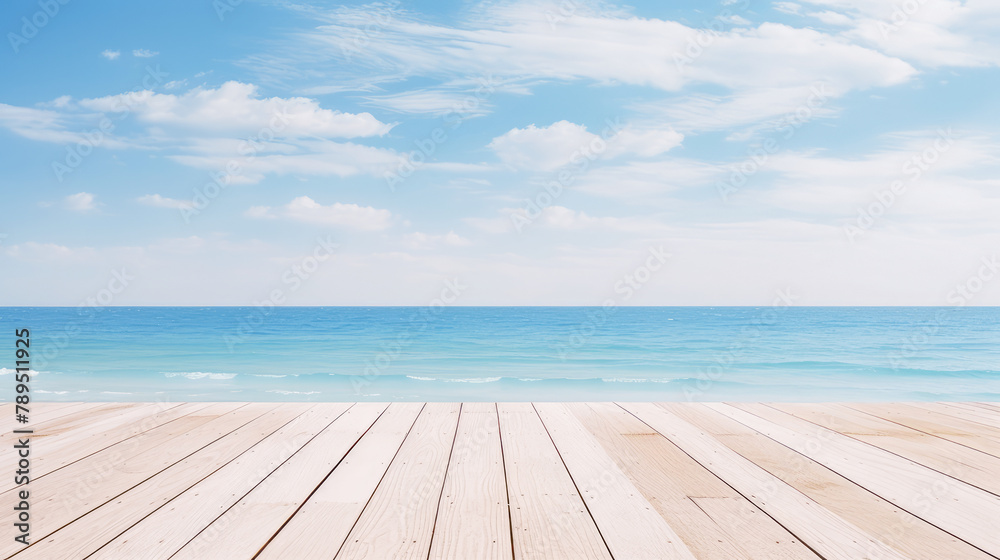 Fototapeta premium Beautiful beach with a wooden pier and azure water in the Maldives, islands. Beautiful landscape, picture, phone screensaver, copy space, advertising, travel agency, tourism, solitude with nature