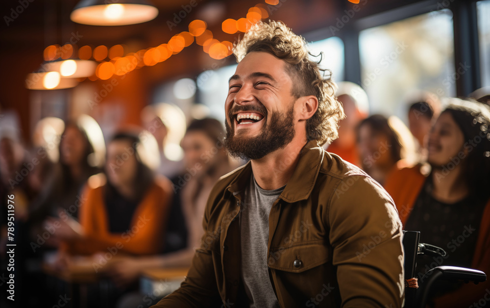 Man smiling in front of group of people. Generative AI Man smiling in front of group of people. Generative AI