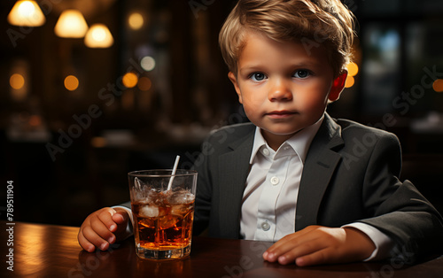 Young boy sitting at a table with a drink. Generative AI