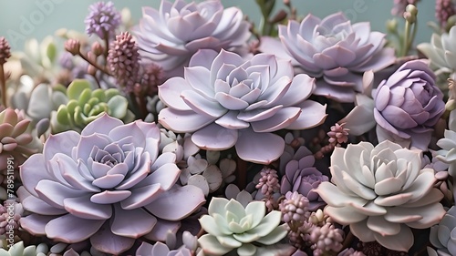  A photorealistic image of lilac pastel succulents in a serene garden setting. The succulents display delicate lilac hues with pastel shades, showcasing their unique textures and intricate patterns.